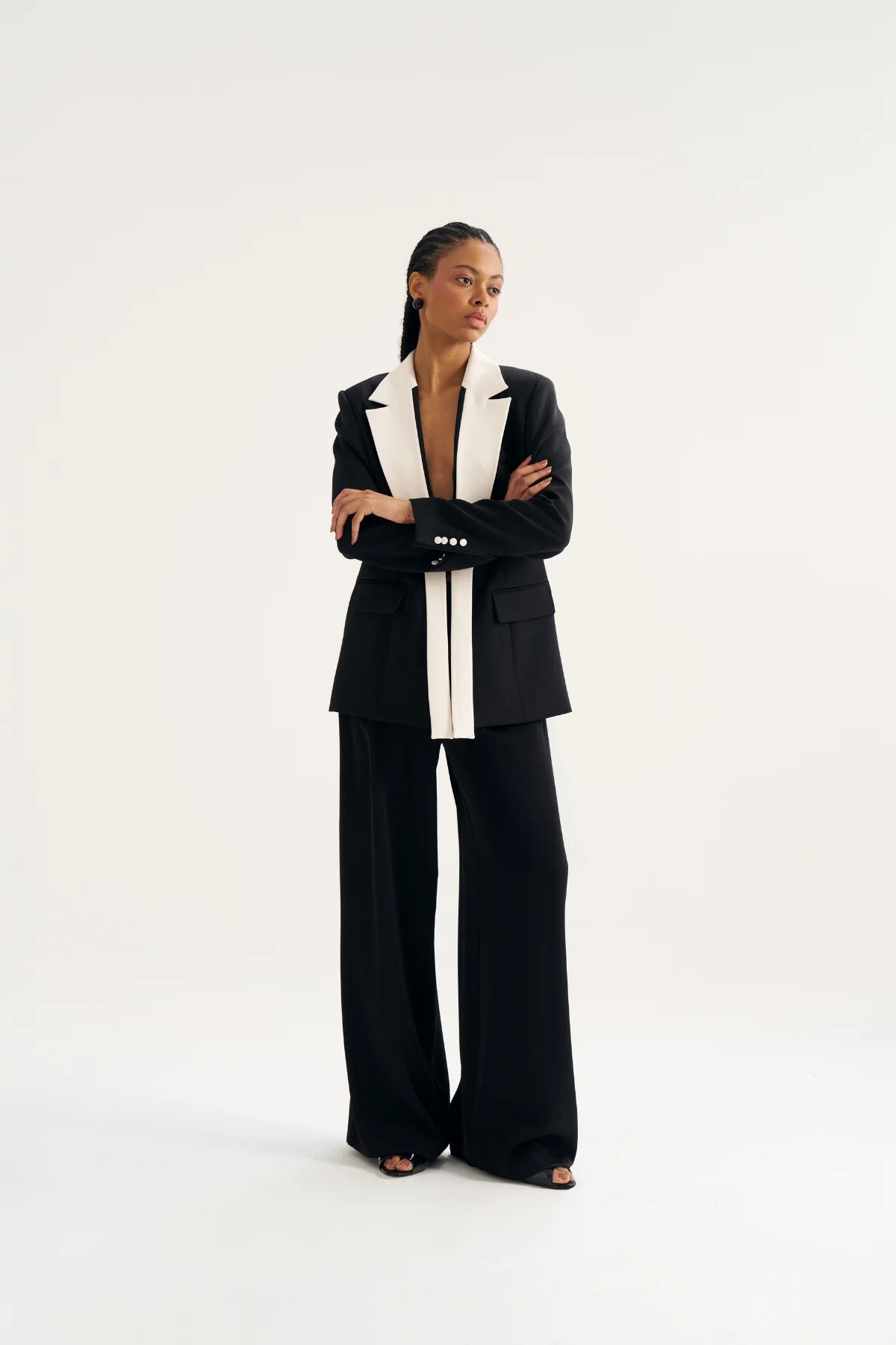 Ensemble Blazer bicolore à revers contrastant – Noir & Écru