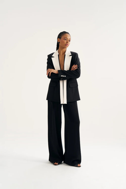 Ensemble Blazer bicolore à revers contrastant – Noir & Écru