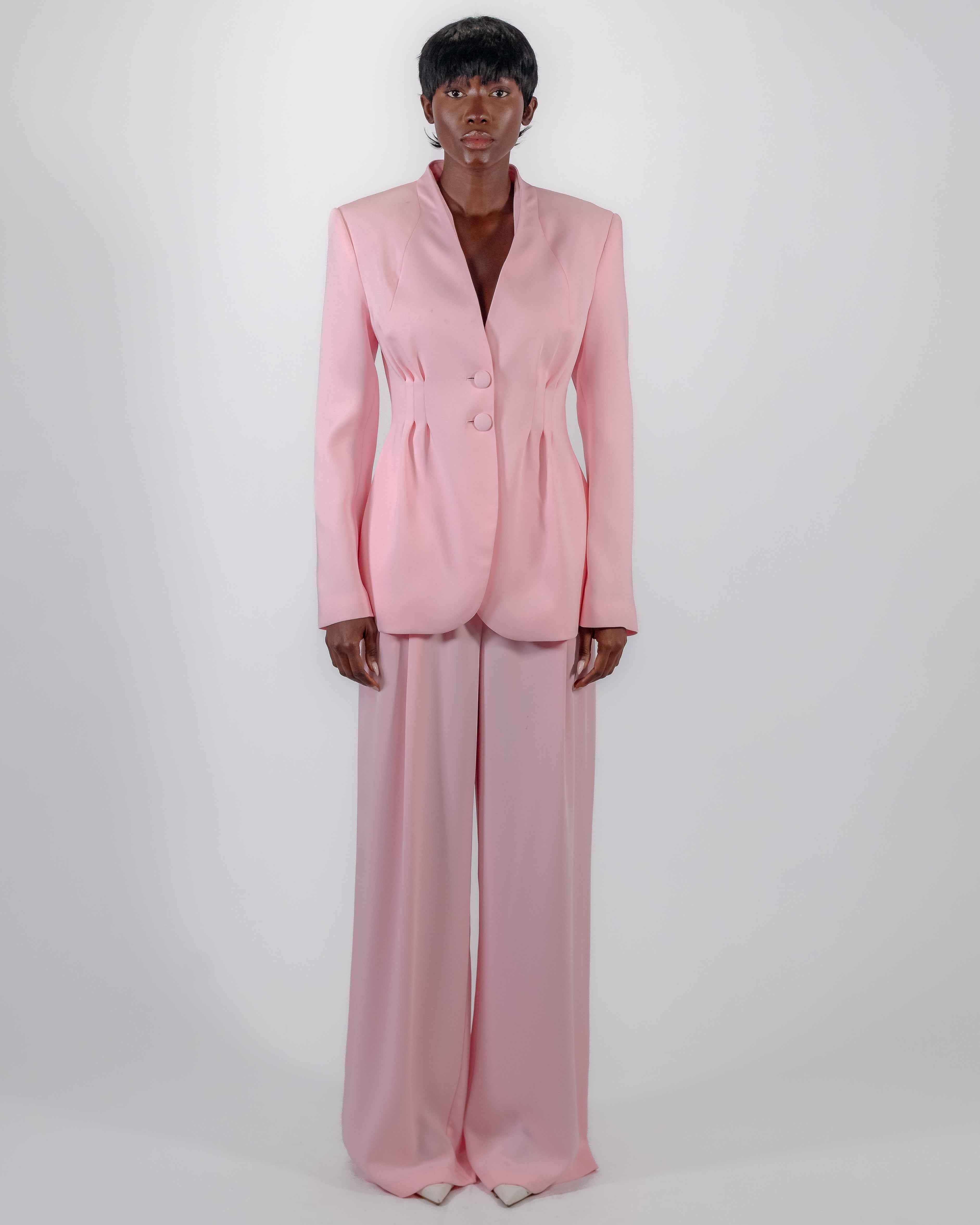 Tailleur Rose Poudré — Blazer Col V Taille Froncée & Pantalon Large CHEEYA