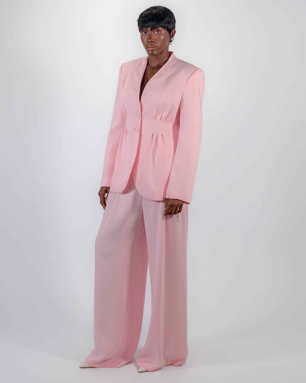 Tailleur Rose Poudré — Blazer Col V Taille Froncée & Pantalon Large CHEEYA