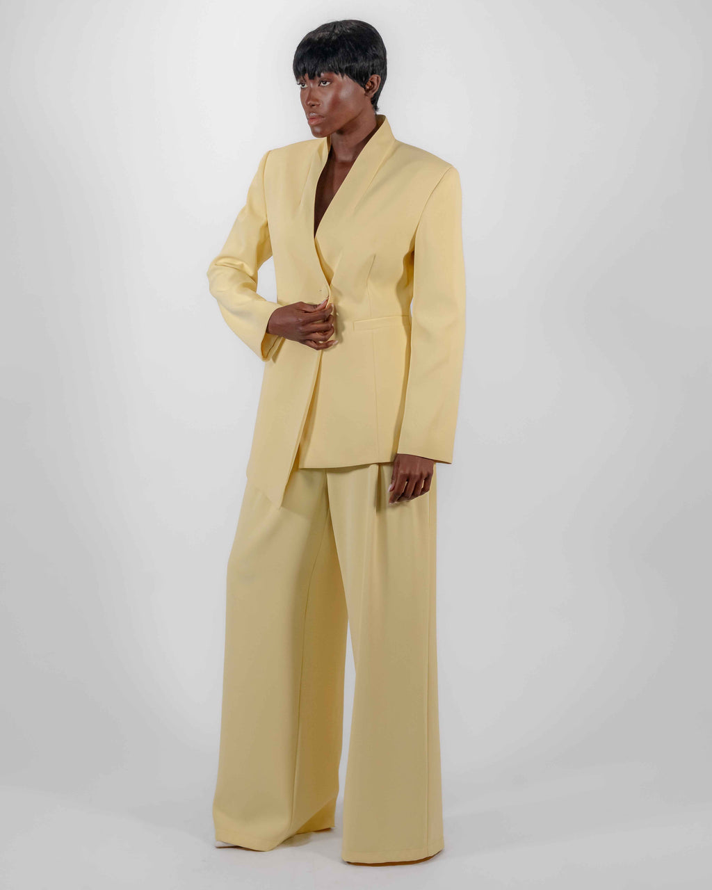 Tailleur Jaune Pâle — Blazer Asymétrique Col V & Pantalon Large