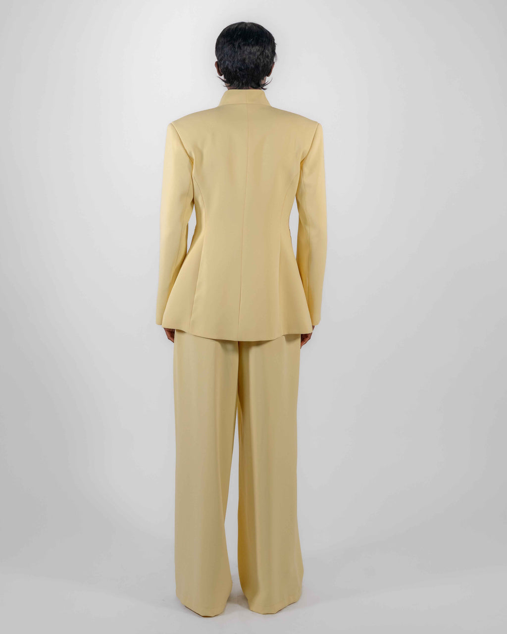 Tailleur Jaune Pâle — Blazer Asymétrique Col V & Pantalon Large