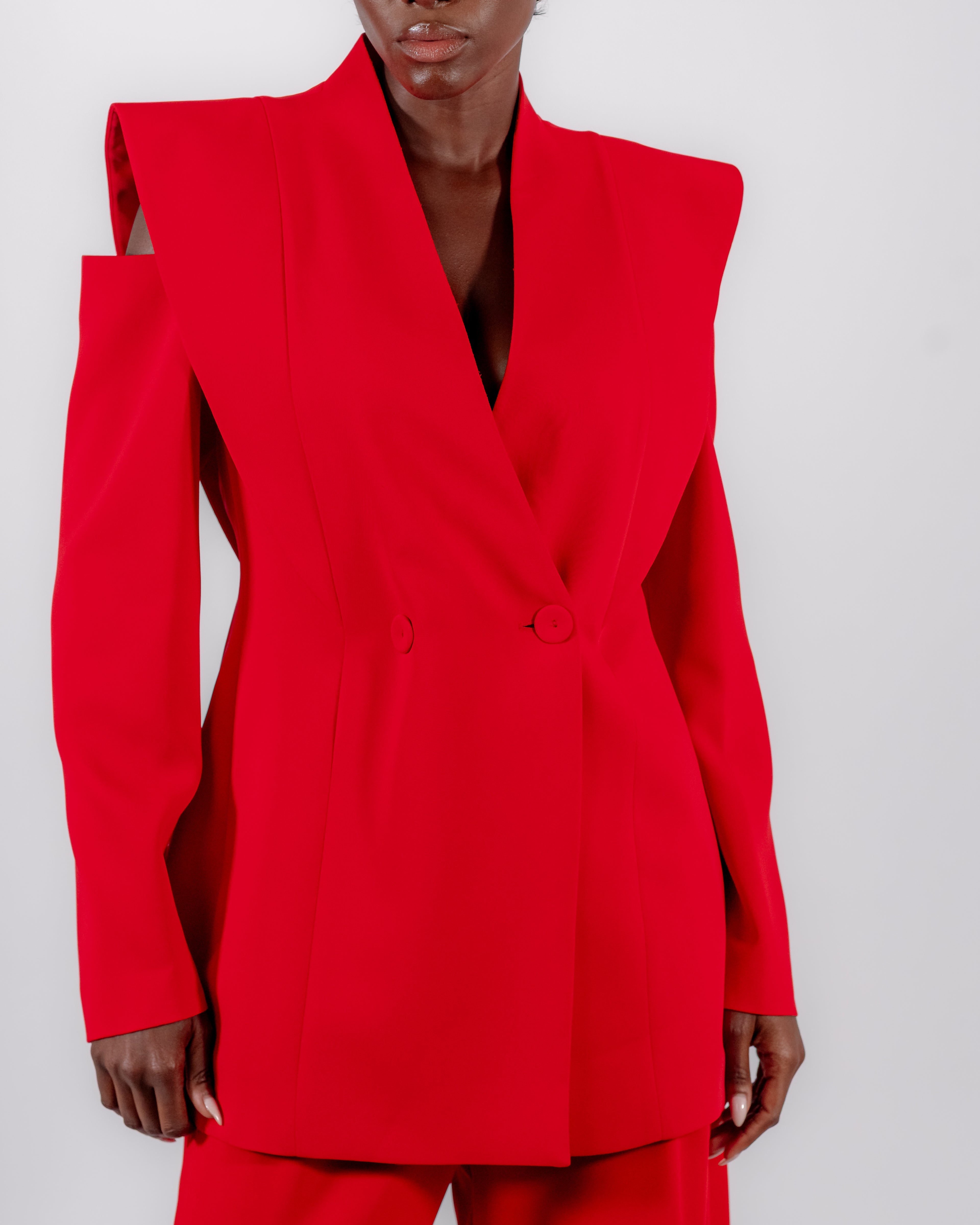Red Suit — Sculptural Shoulder Cut-Out Blazer & Wide-Leg Trousers