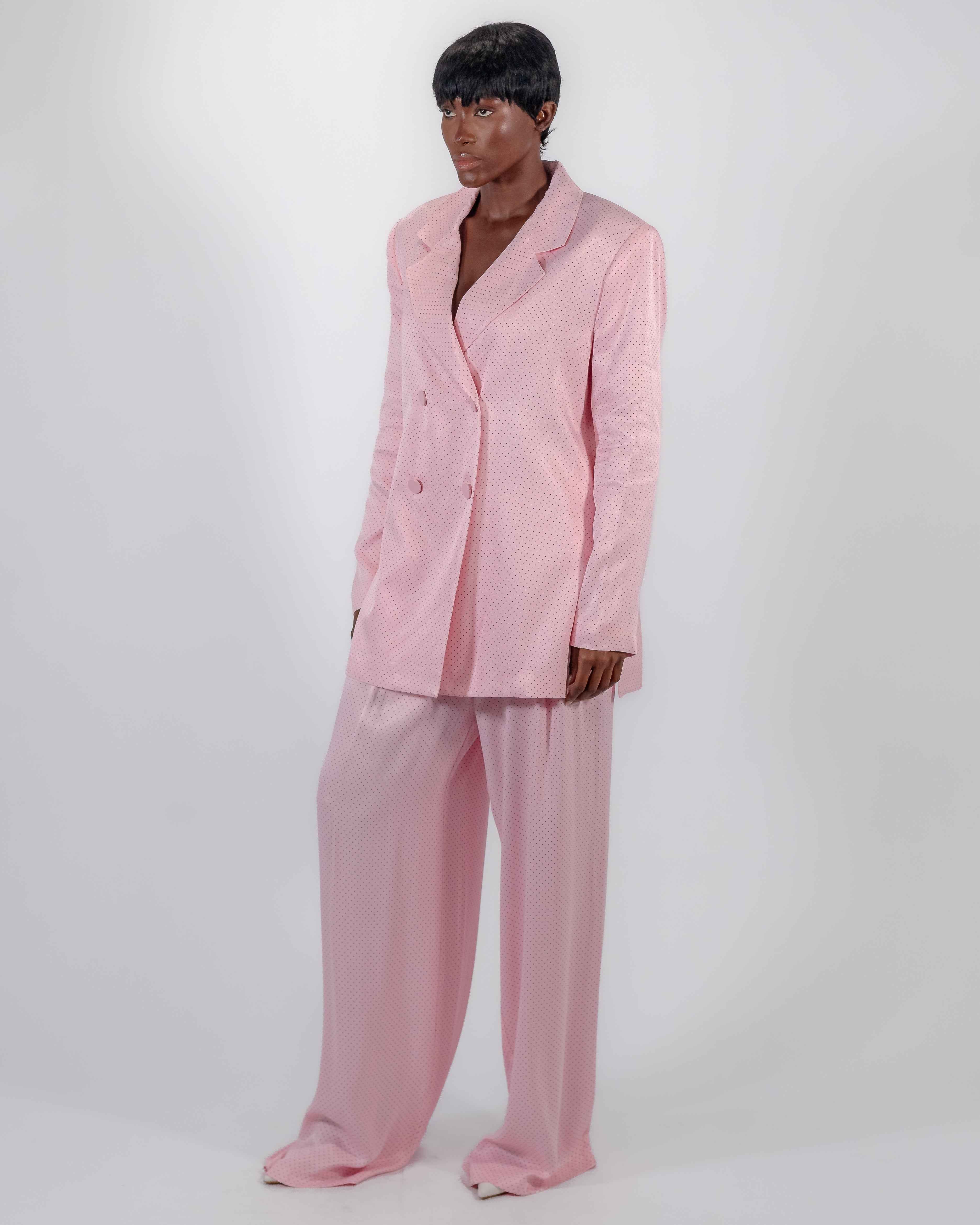 Tailleur Rose à Pois — Blazer Satiné Double Boutonnage & Pantalon Large CHEEYA