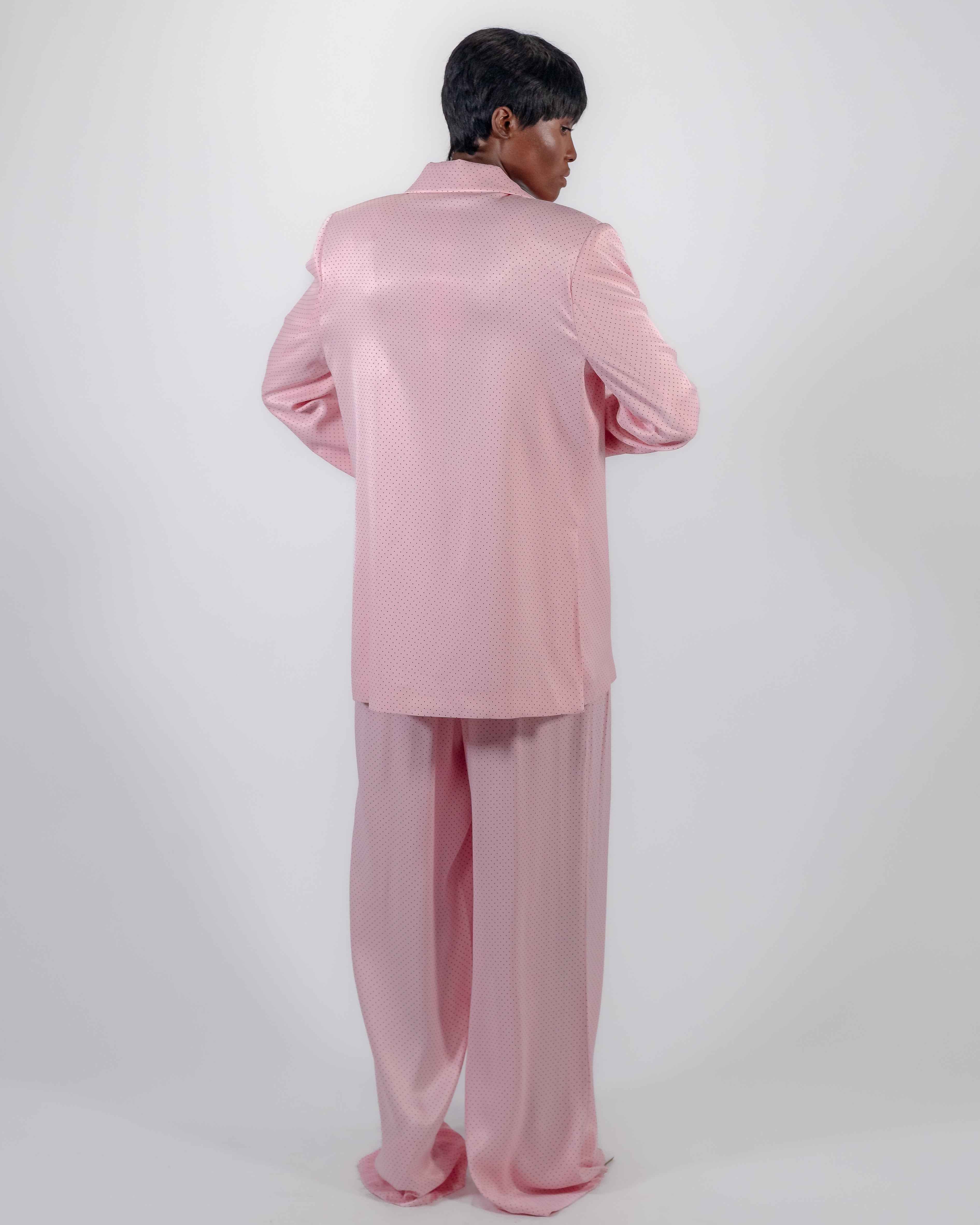 Tailleur Rose à Pois — Blazer Satiné Double Boutonnage & Pantalon Large CHEEYA