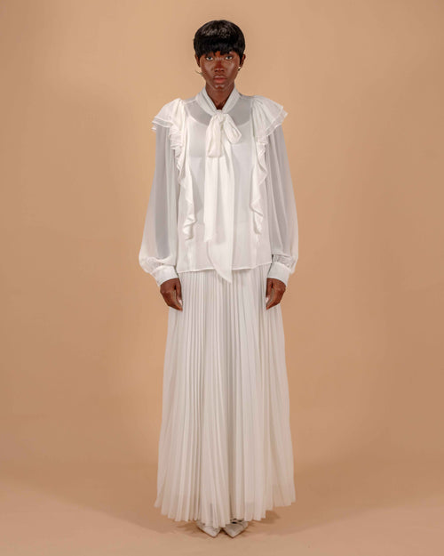 Ensemble Blanc Ivoire — Top Volants Col Lavallière & Jupe Longue Plissée