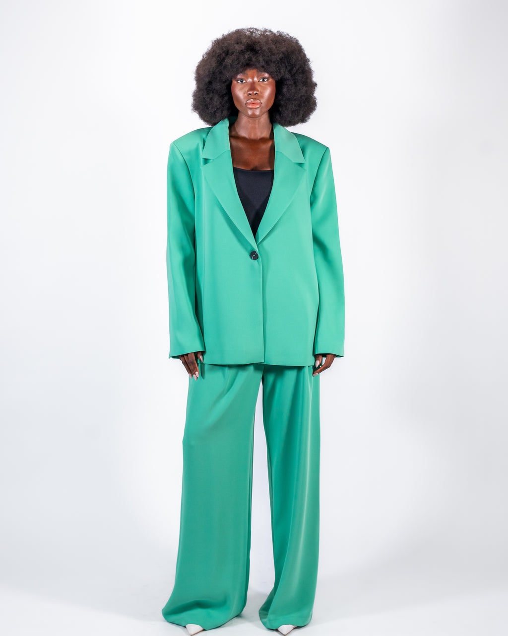 Tailleur Dos Nu Vert Émeraude — Blazer Open Back & Pantalon Large