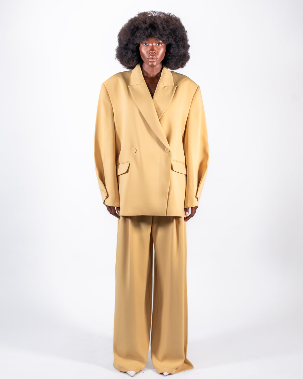 Camel Golden Oversized Suit — Double-Breasted Blazer & Wide-Leg Trousers CHEEYA