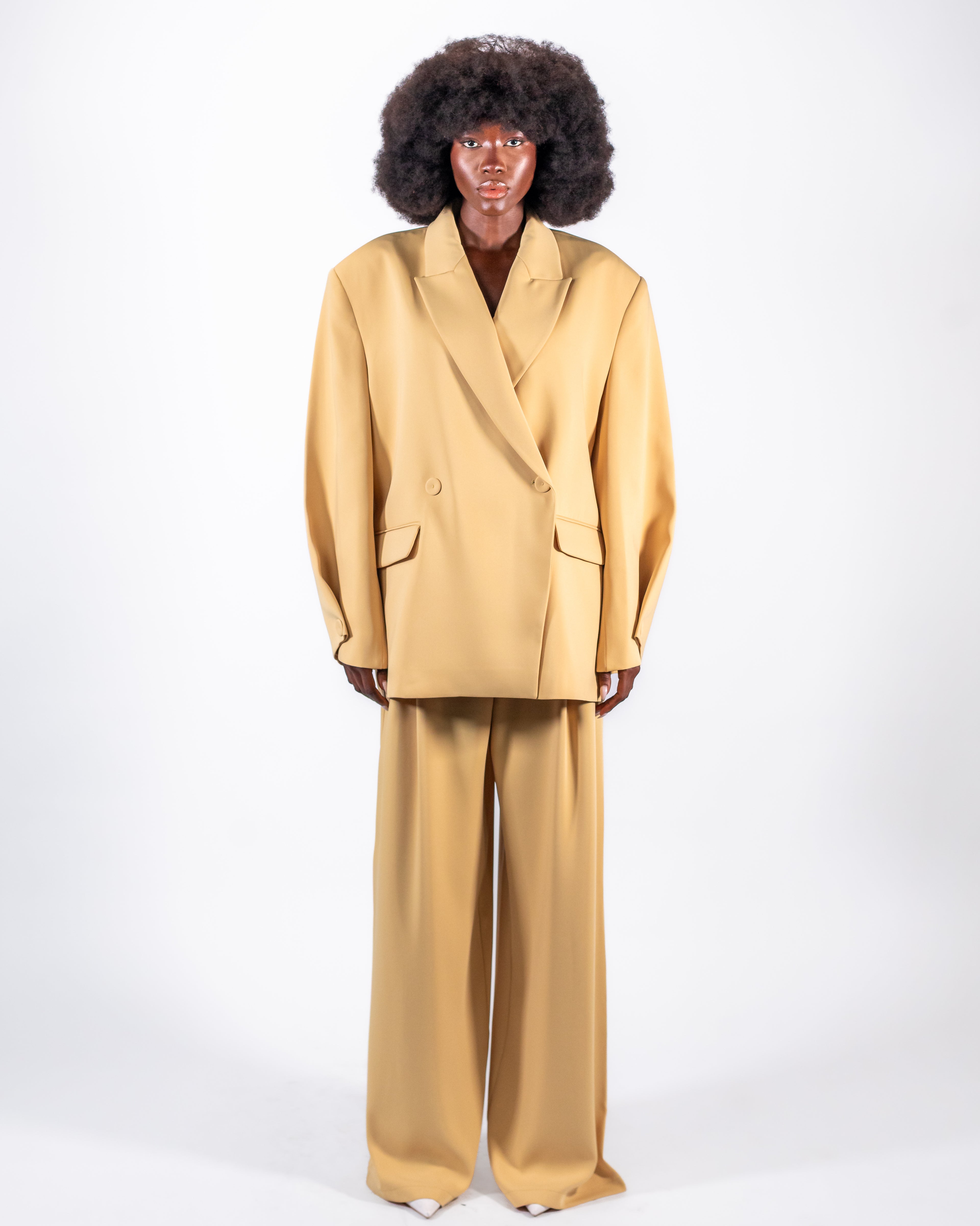 Camel Golden Oversized Suit — Double-Breasted Blazer & Wide-Leg Trousers CHEEYA