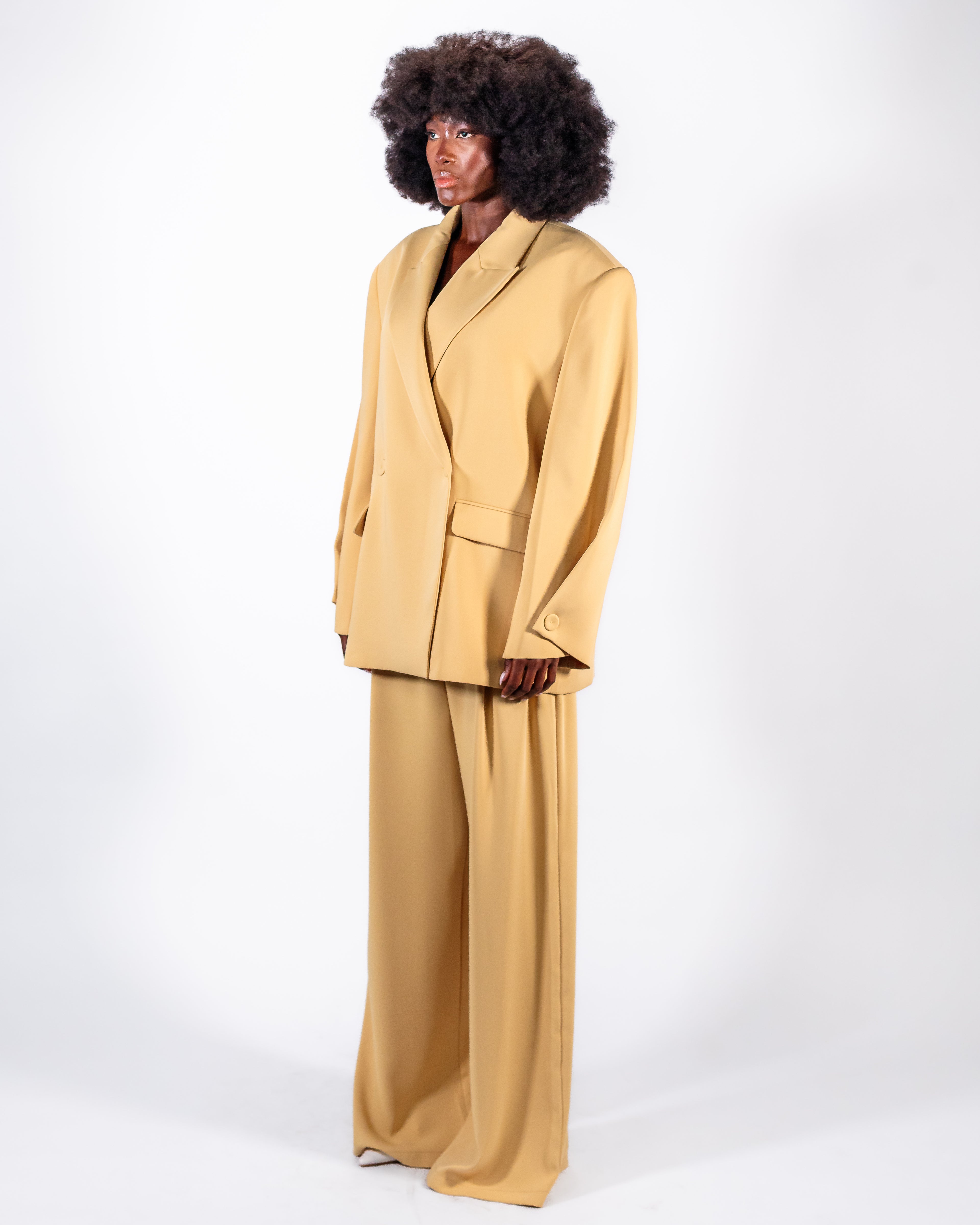 Camel Golden Oversized Suit — Double-Breasted Blazer & Wide-Leg Trousers CHEEYA