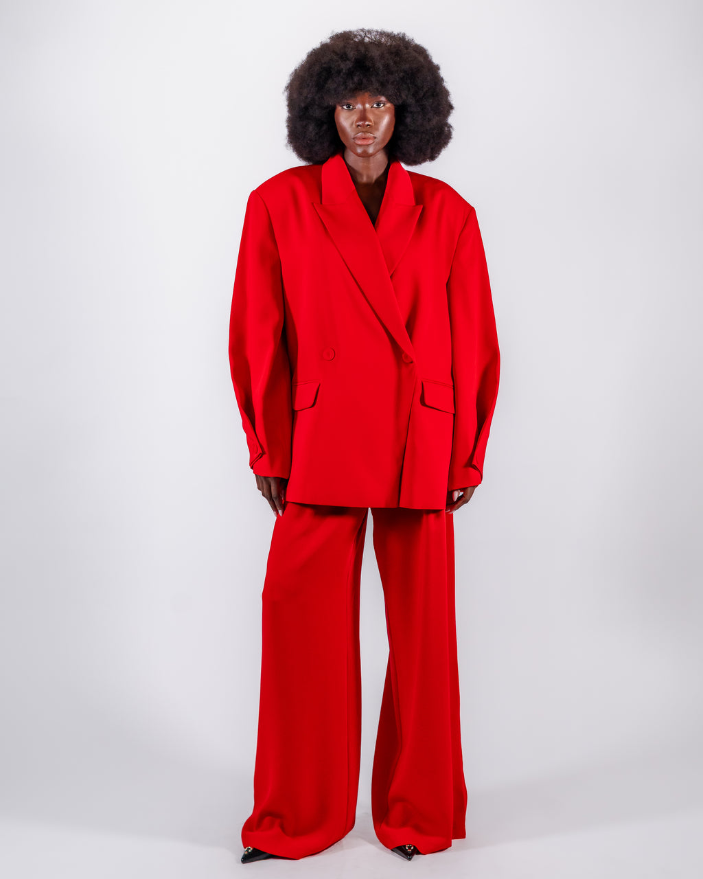Vivid Red Oversized Suit — Double-Breasted Blazer & Wide-Leg Trousers CHEEYA