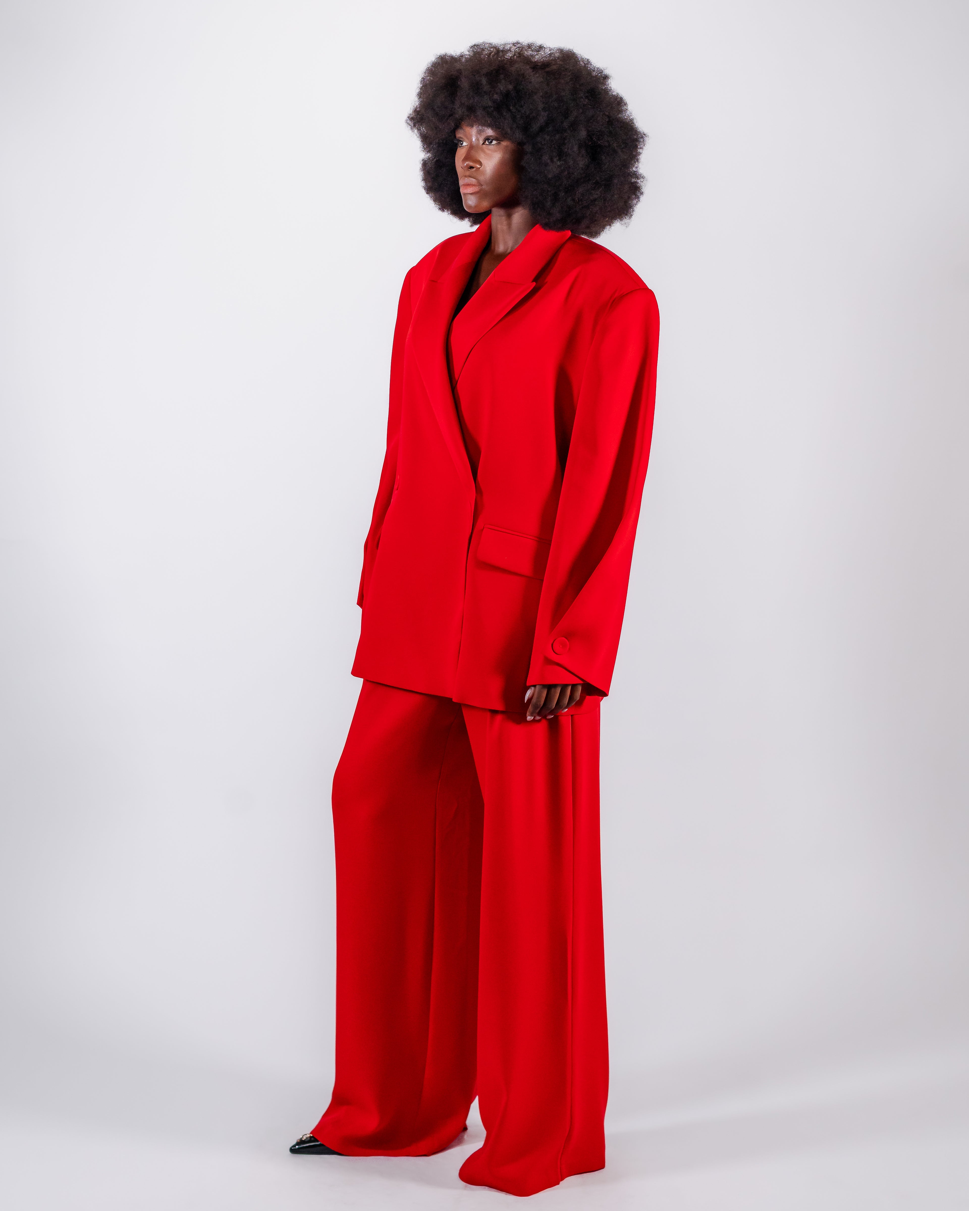 Vivid Red Oversized Suit — Double-Breasted Blazer & Wide-Leg Trousers CHEEYA