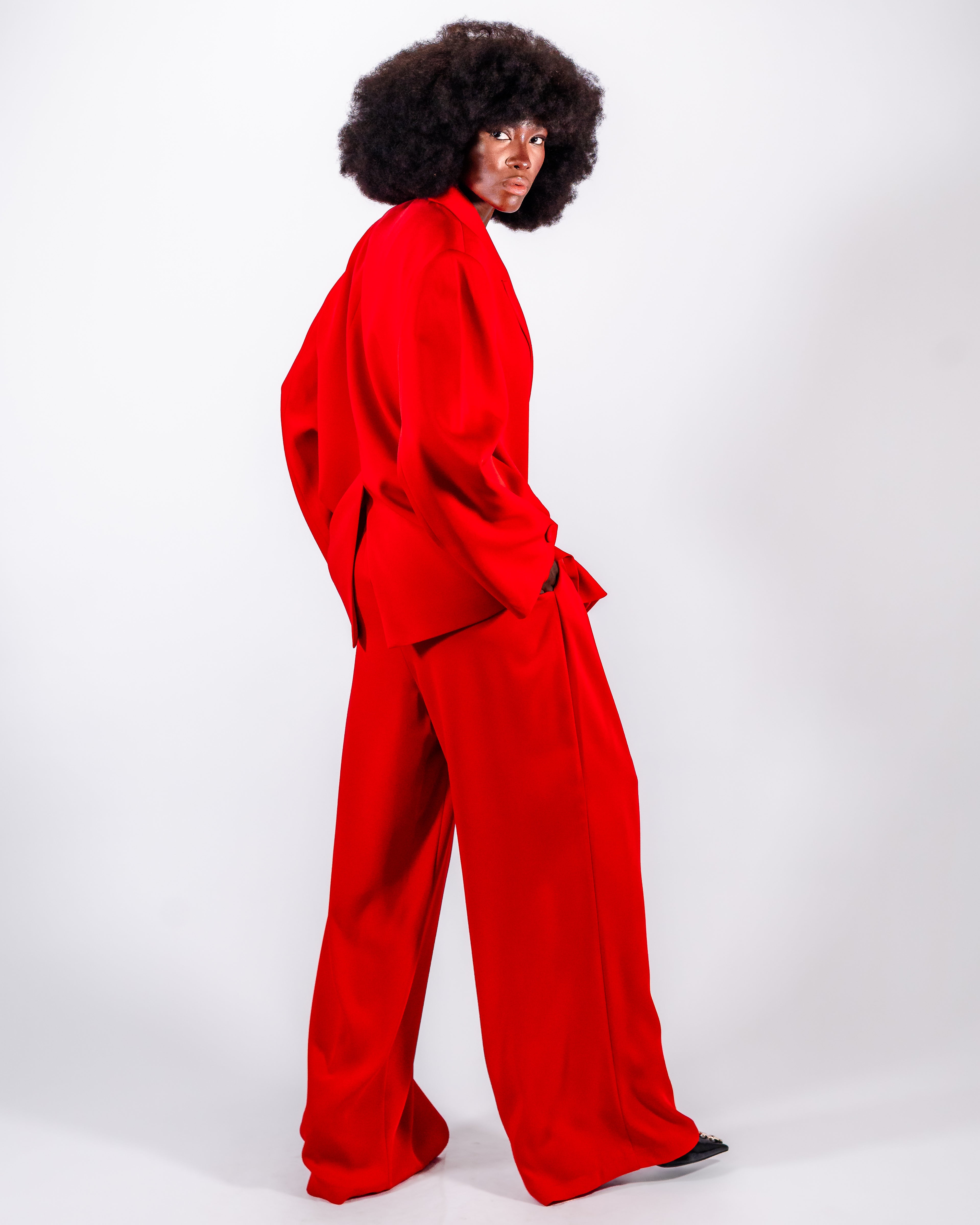 Vivid Red Oversized Suit — Double-Breasted Blazer & Wide-Leg Trousers CHEEYA