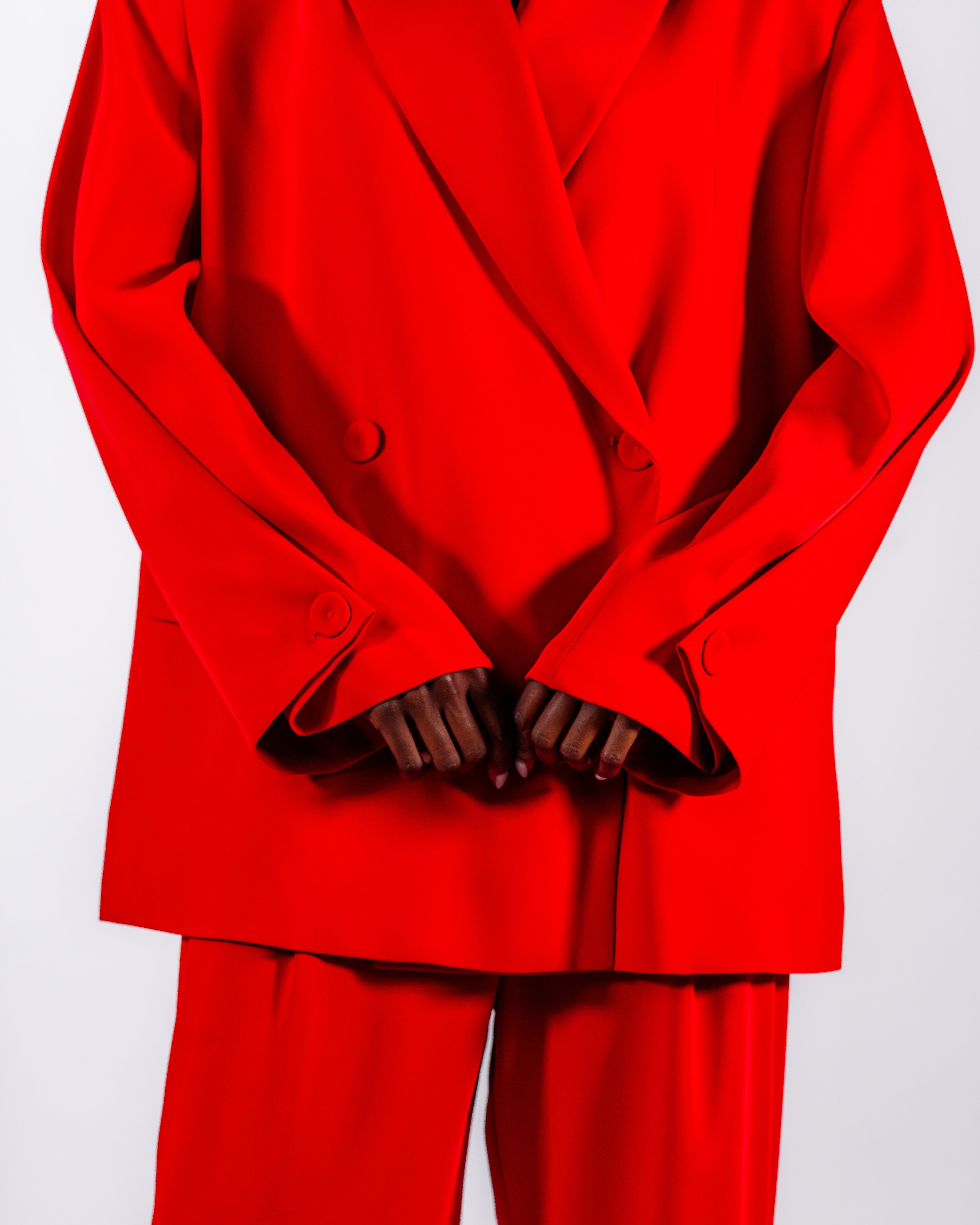Vivid Red Oversized Suit — Double-Breasted Blazer & Wide-Leg Trousers CHEEYA