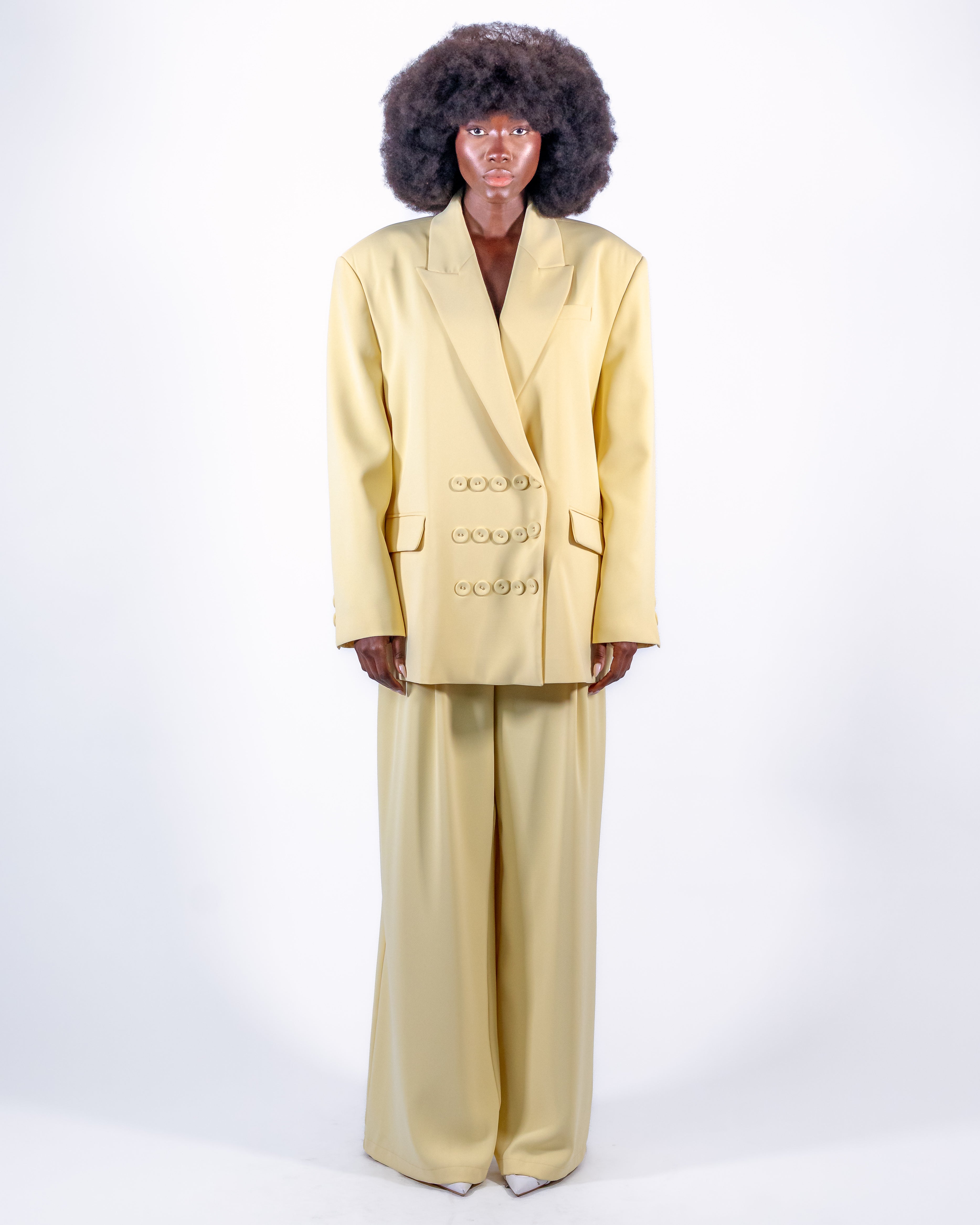Lemon Yellow Oversized Suit — Decorative Double-Breasted Blazer & Wide-Leg Trousers CHEEYA