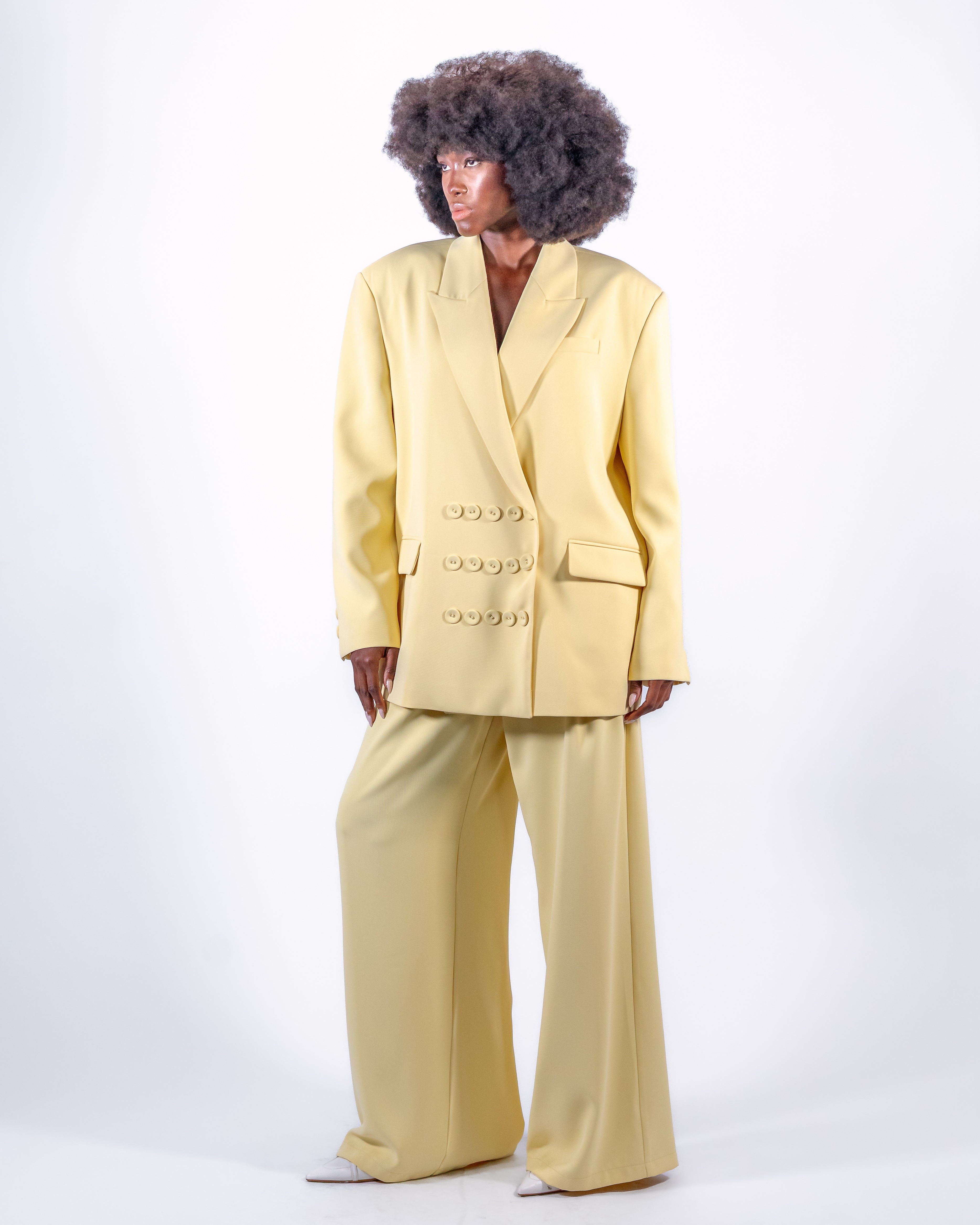 Lemon Yellow Oversized Suit — Decorative Double-Breasted Blazer & Wide-Leg Trousers CHEEYA