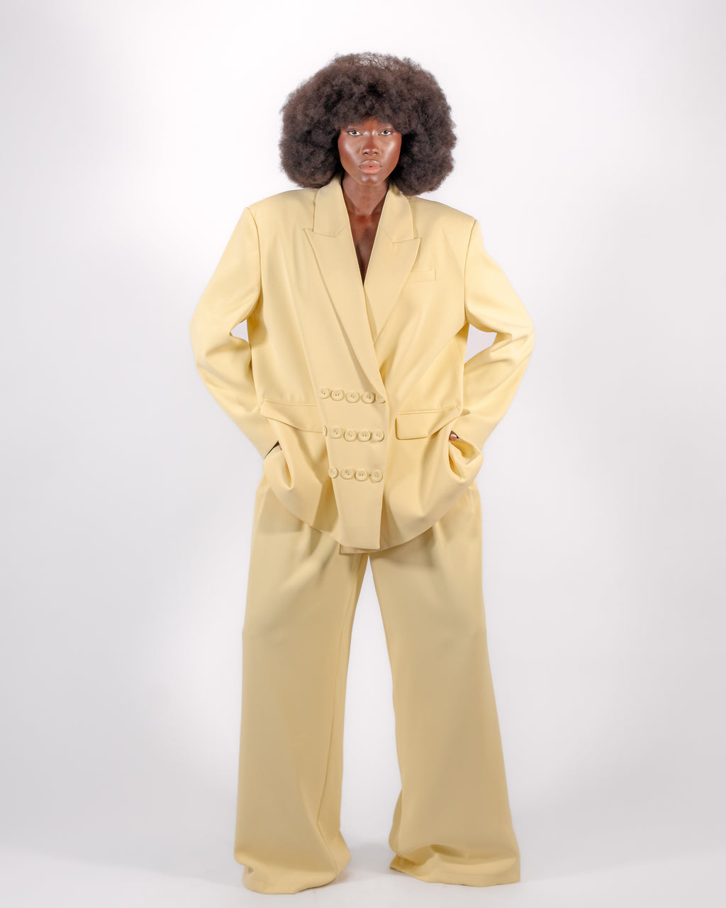 Lemon Yellow Oversized Suit — Decorative Double-Breasted Blazer & Wide-Leg Trousers CHEEYA