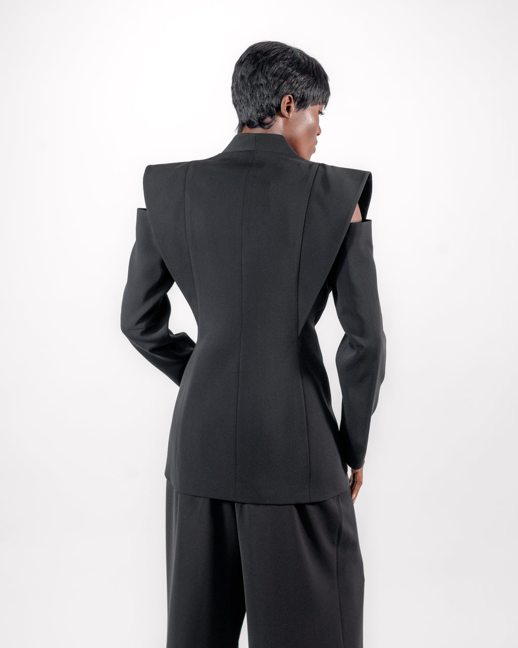 Black Suit — Cut-Out Sculptural Shoulder Blazer & Wide-Leg Trousers
