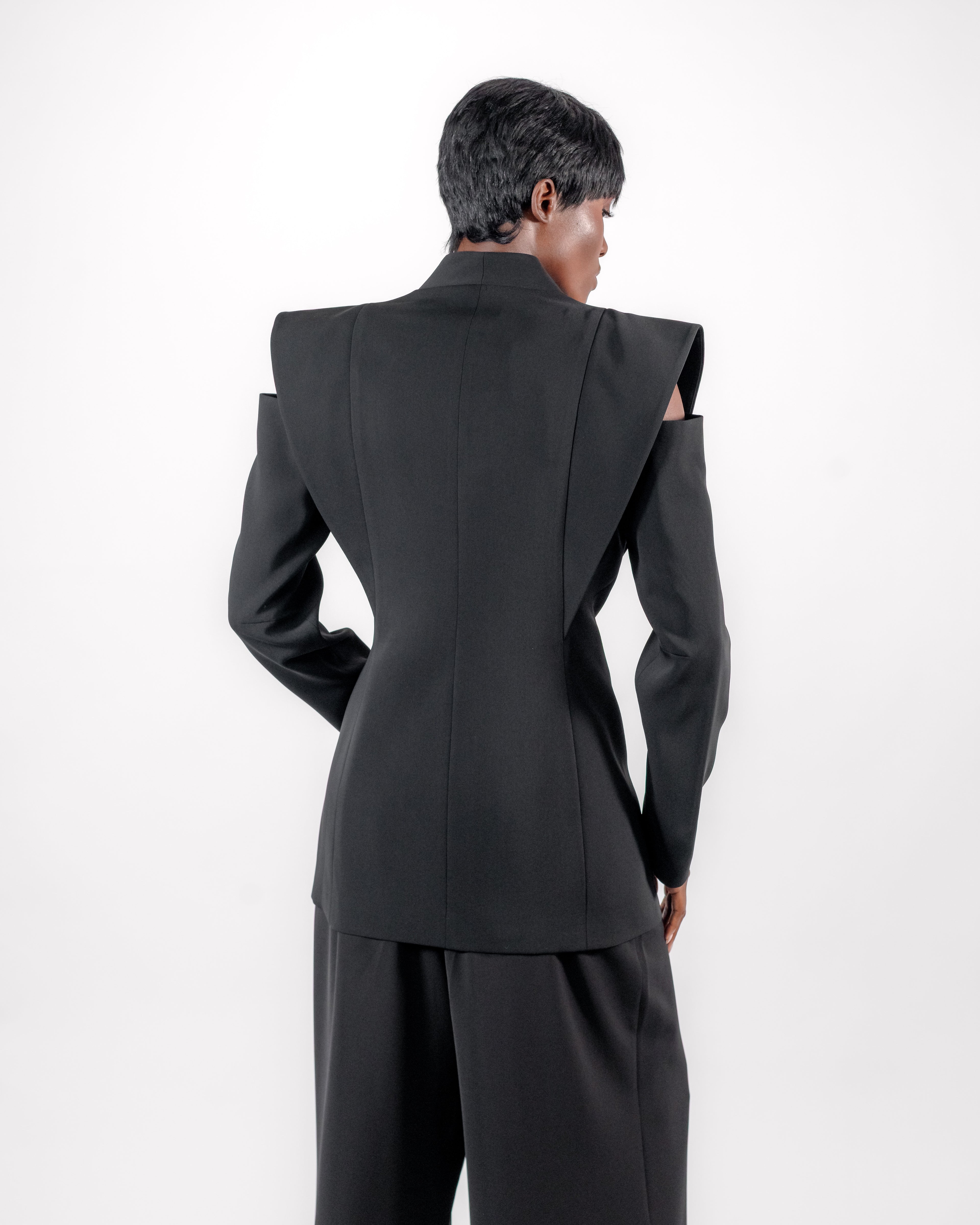 Black Suit — Cut-Out Sculptural Shoulder Blazer & Wide-Leg Trousers