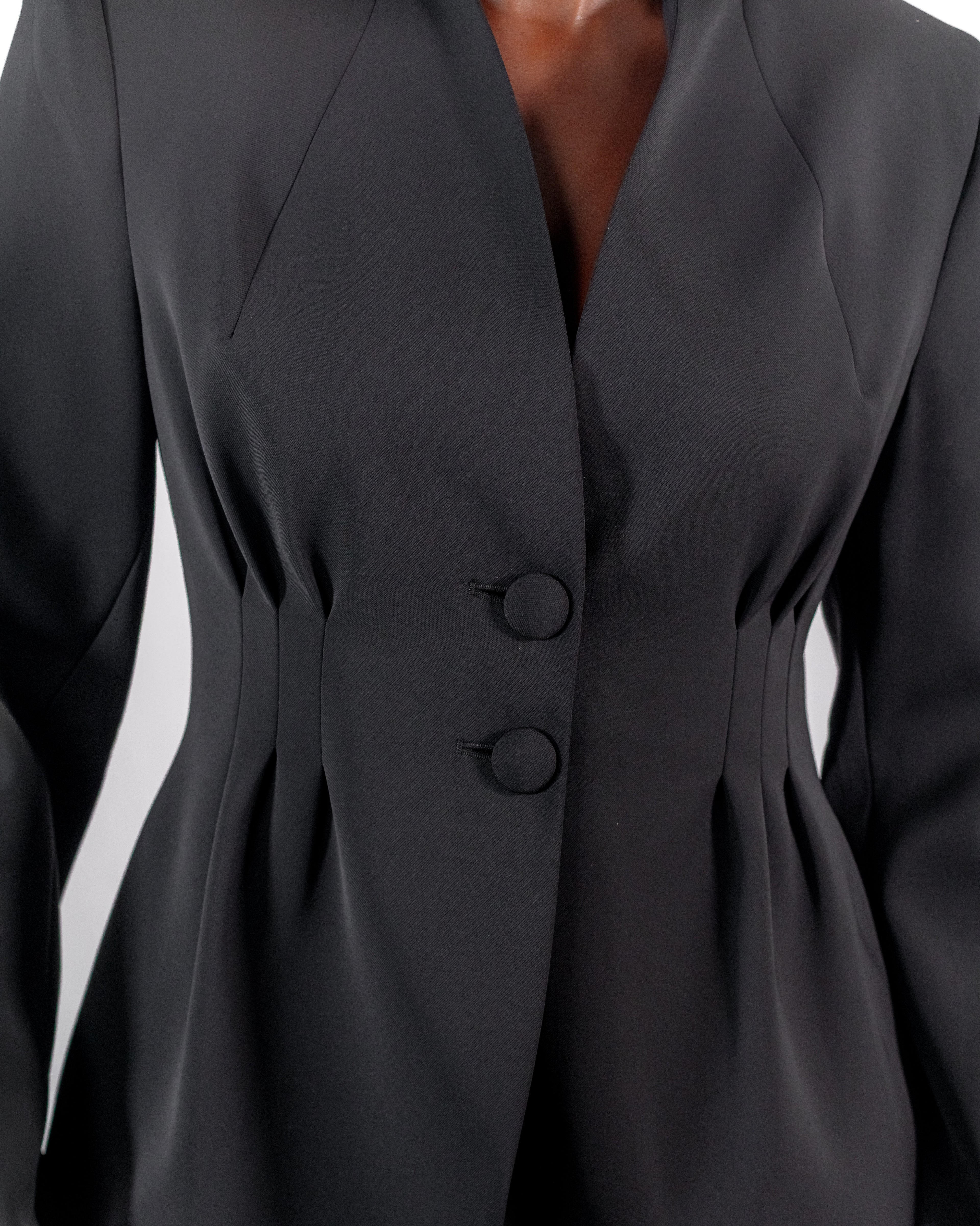 Black Suit — Cut-Out Sculptural Shoulder Blazer & Wide-Leg Trousers