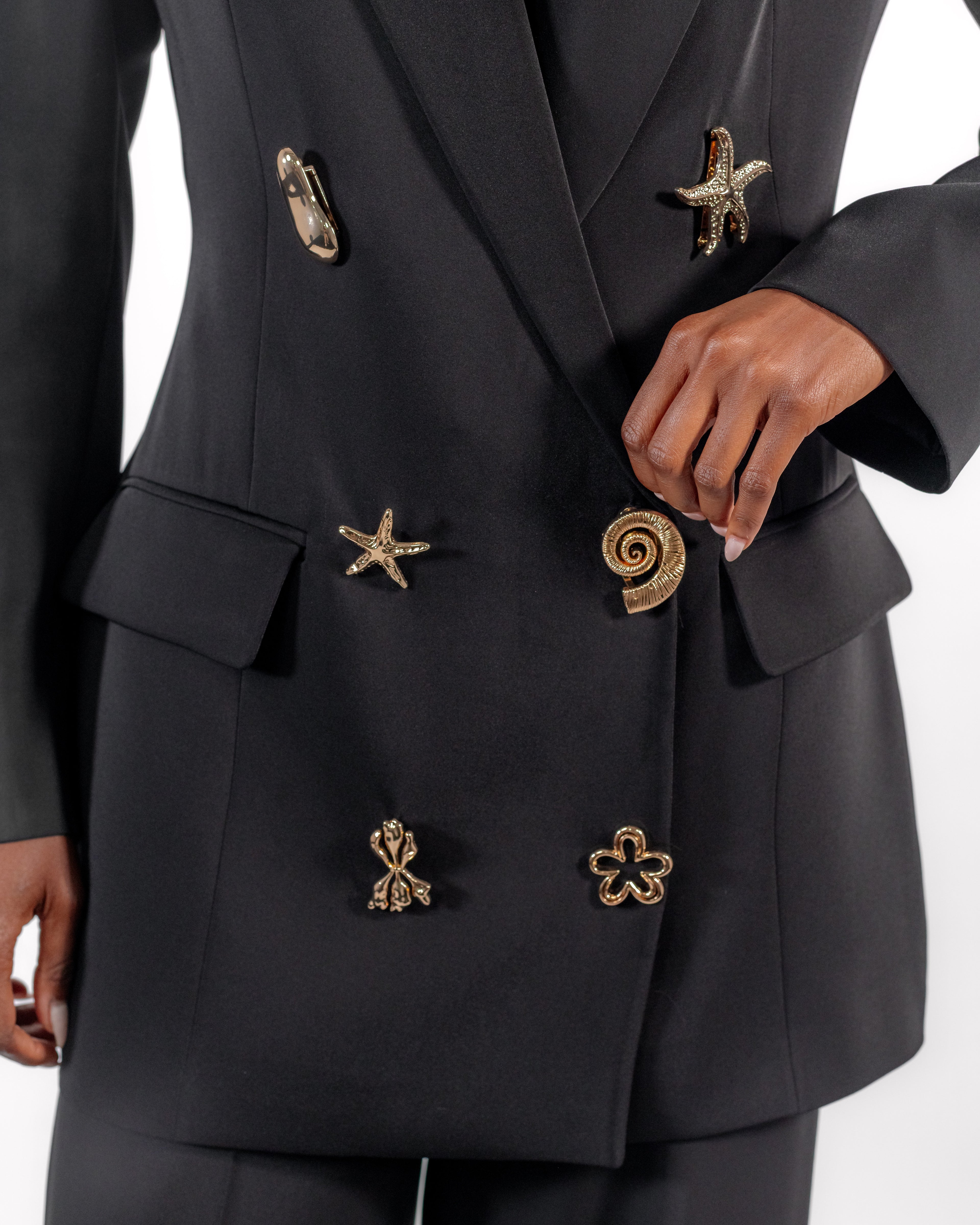 Black Suit Golden Brooches — Fancy Jewelry Blazer & Wide Leg Pants CHEEYA