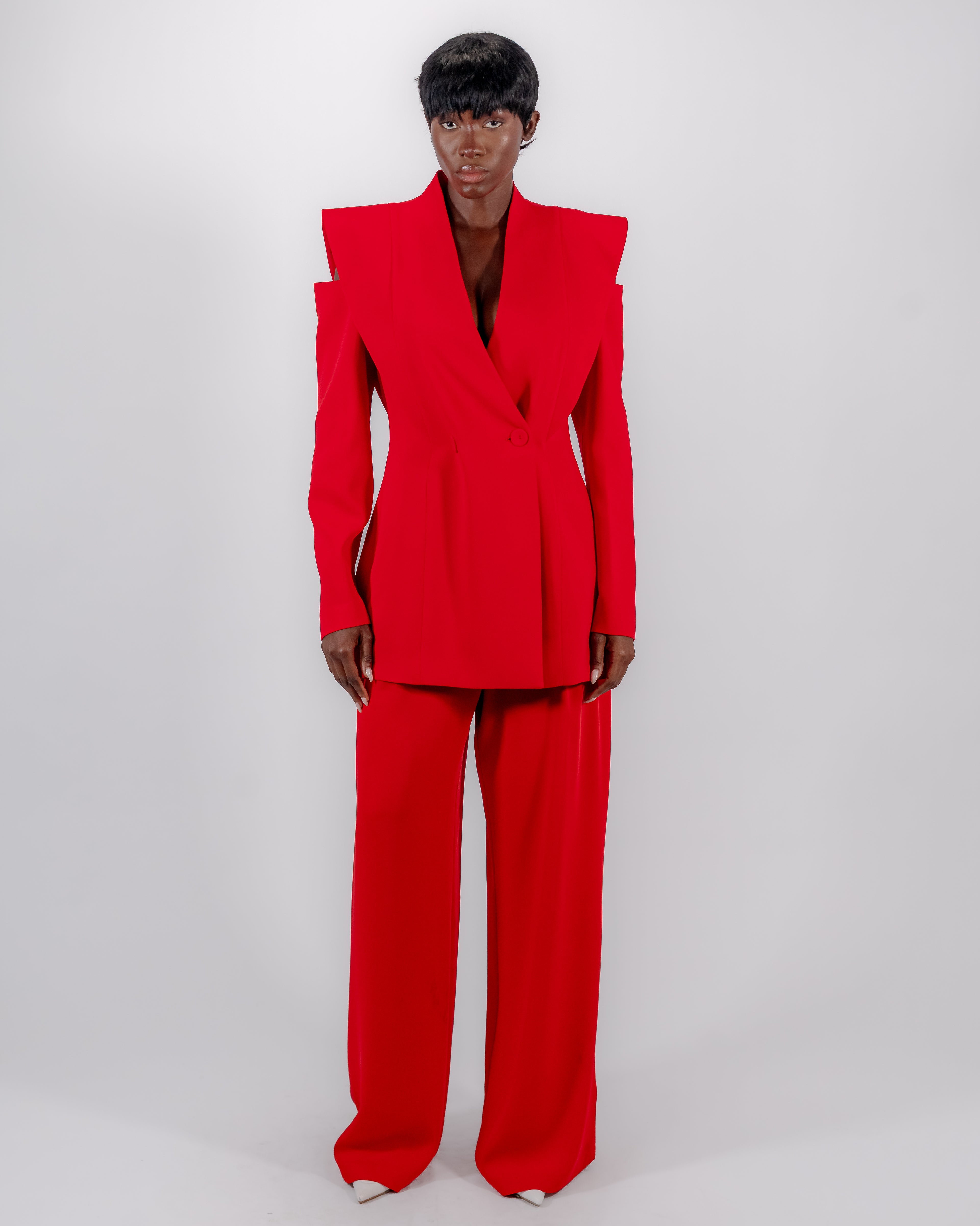 Red Suit — Sculptural Shoulder Cut-Out Blazer & Wide-Leg Trousers