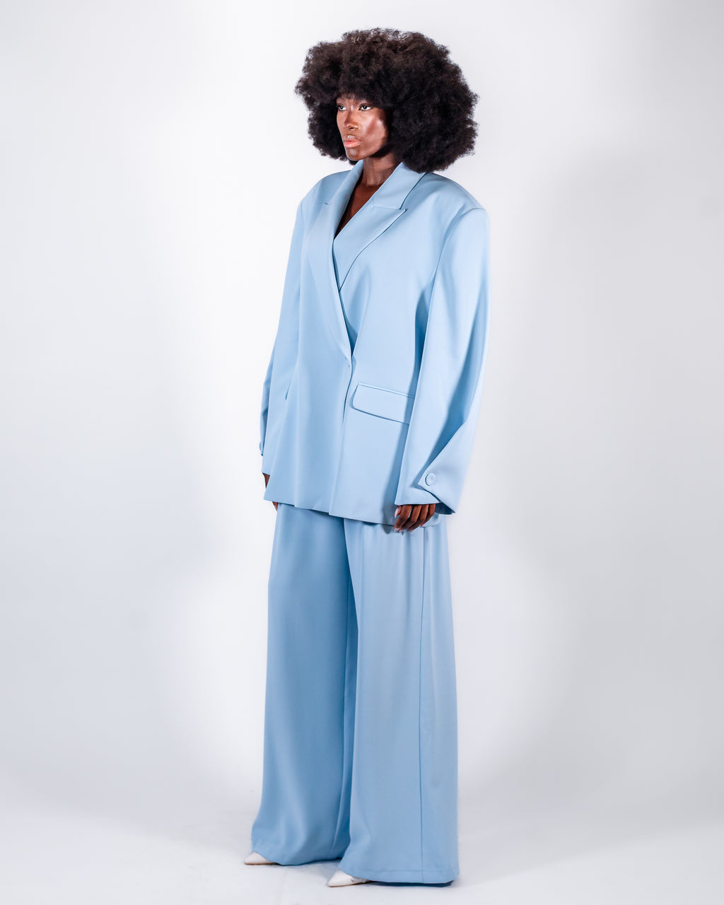 Sky Blue Oversized Suit — Double-Breasted Blazer & Wide-Leg Pants CHEEYA