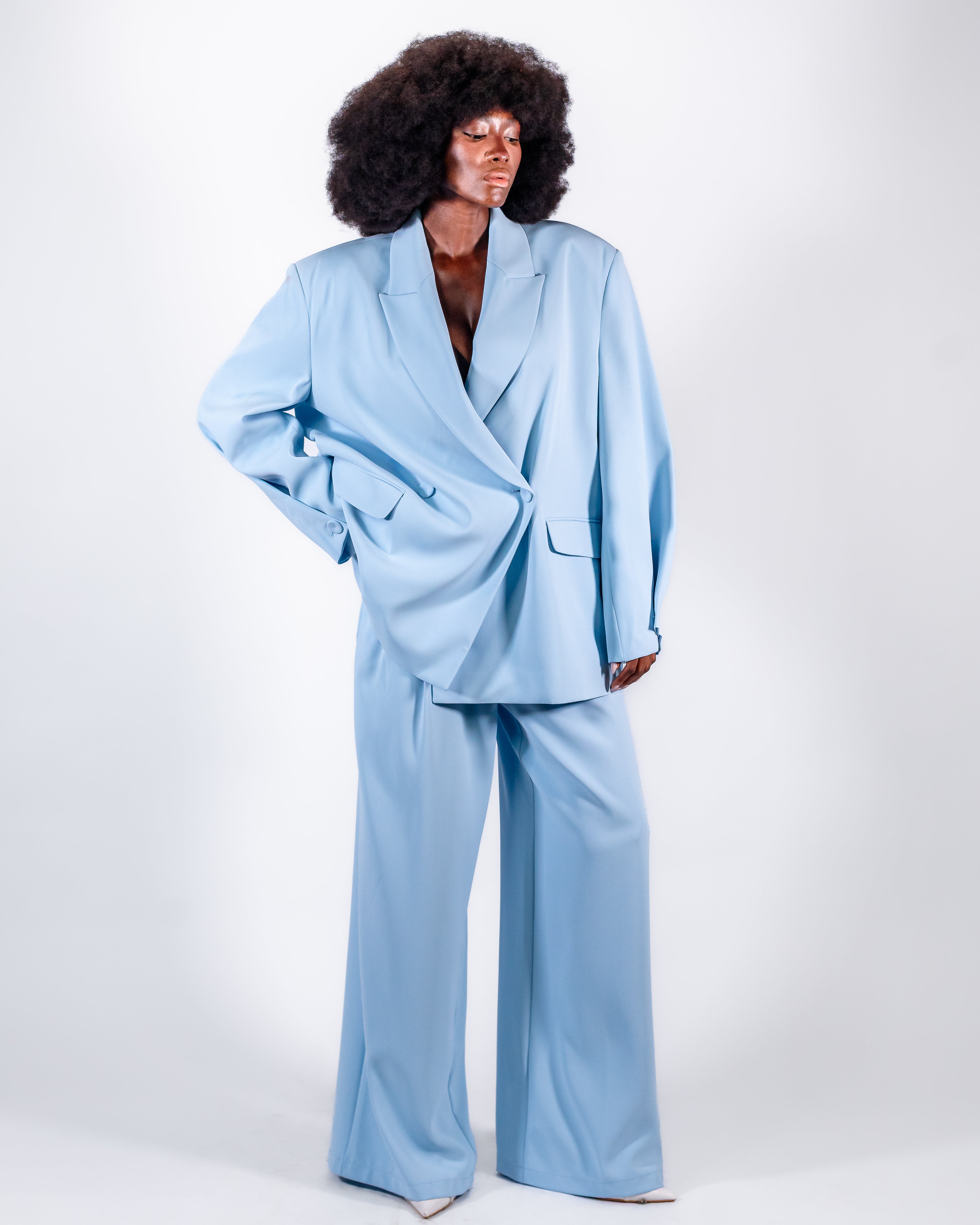 Sky Blue Oversized Suit — Double-Breasted Blazer & Wide-Leg Pants CHEEYA