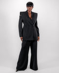 Black Suit — Cut-Out Sculptural Shoulder Blazer & Wide-Leg Trousers