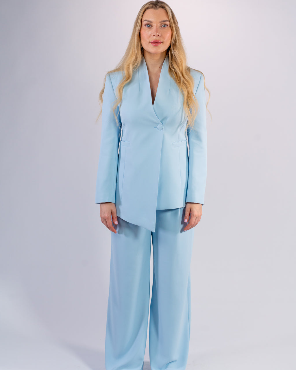 Sky Blue Shawl Collar & Single Button Palazzo Suit