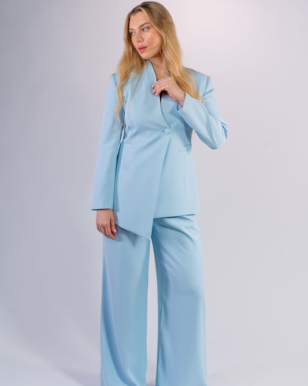 Sky Blue Shawl Collar & Single Button Palazzo Suit