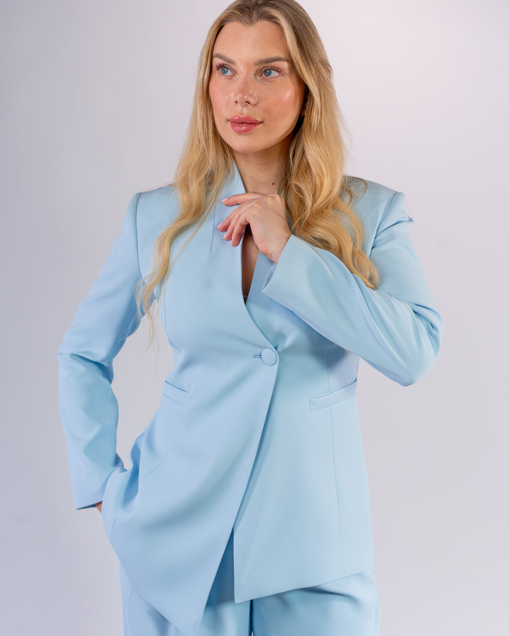 Sky Blue Shawl Collar & Single Button Palazzo Suit