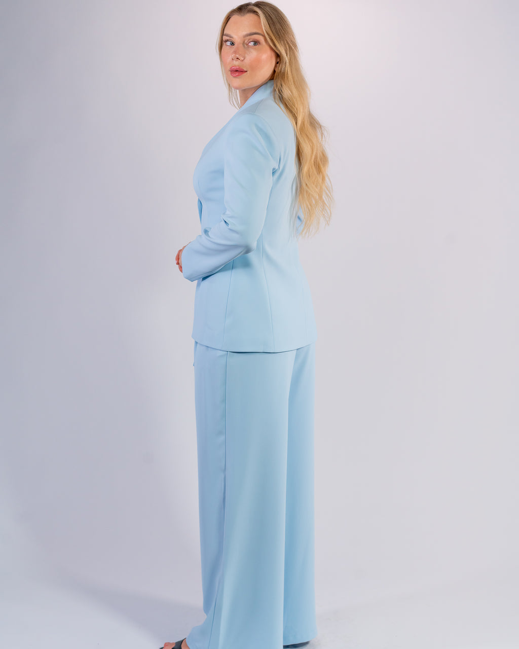 Sky Blue Shawl Collar & Single Button Palazzo Suit