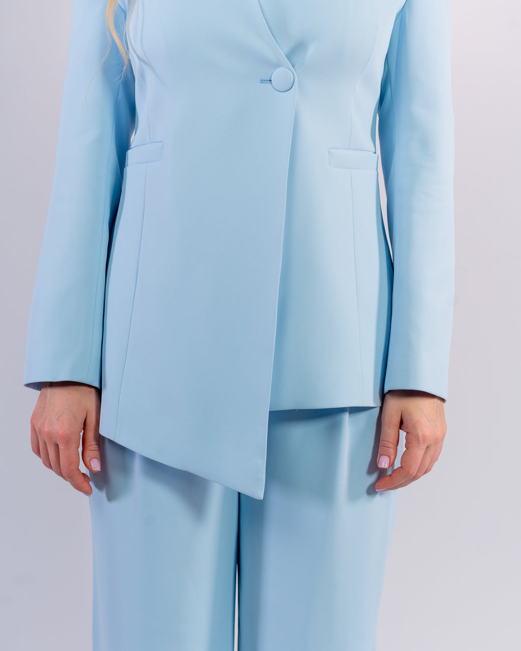 Sky Blue Shawl Collar & Single Button Palazzo Suit