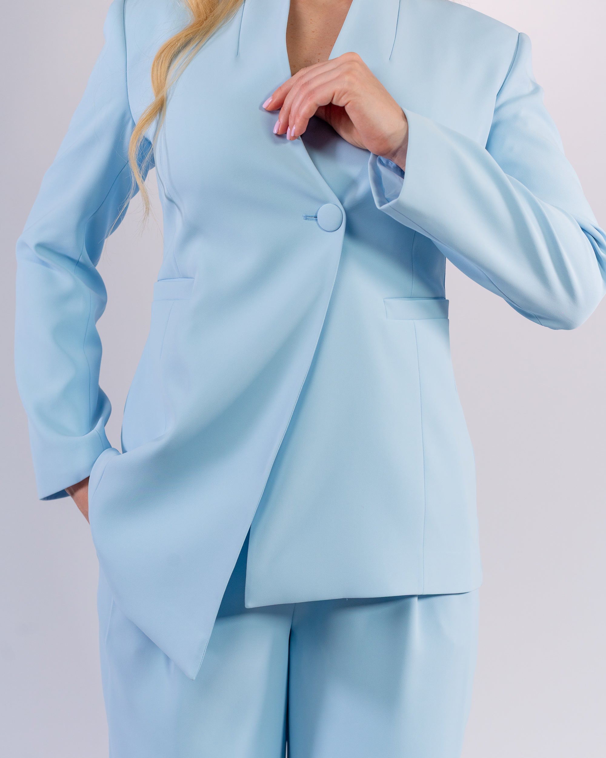 Sky Blue Shawl Collar & Single Button Palazzo Suit
