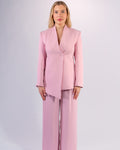 Shawl-collar, single-button, and palazzo-cut suit in Pink
