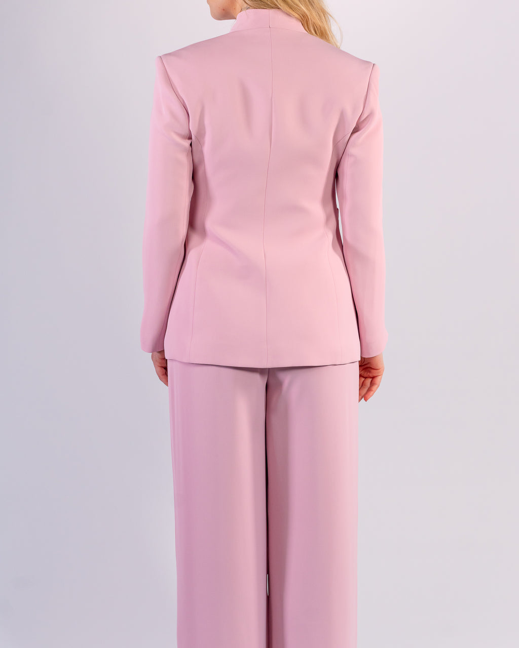 Shawl-collar, single-button, and palazzo-cut suit in Pink