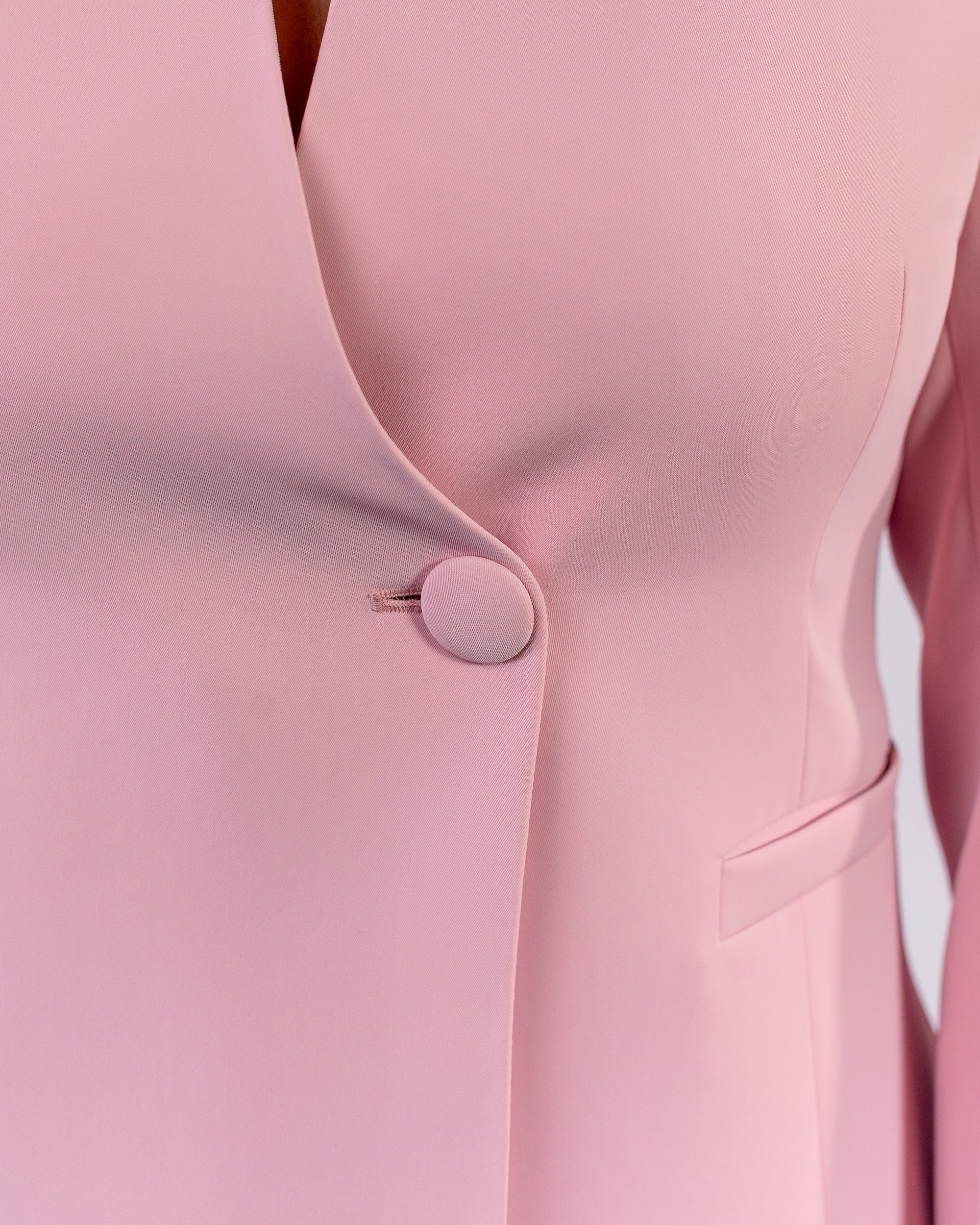 Shawl-collar, single-button, and palazzo-cut suit in Pink