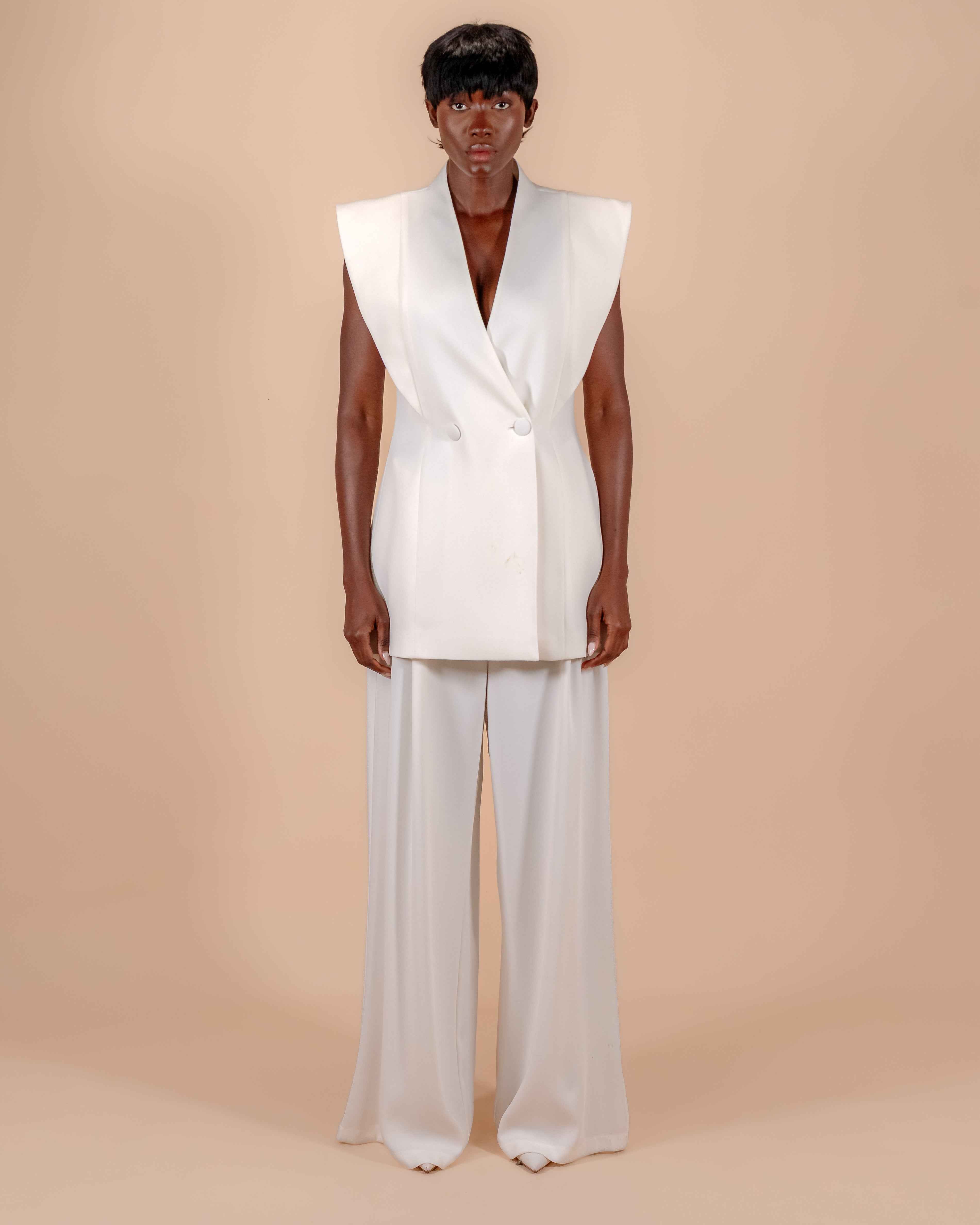 Tailleur Blanc Ivoire — Gilet Blazer Sans Manches & Pantalon Large CHEEYA