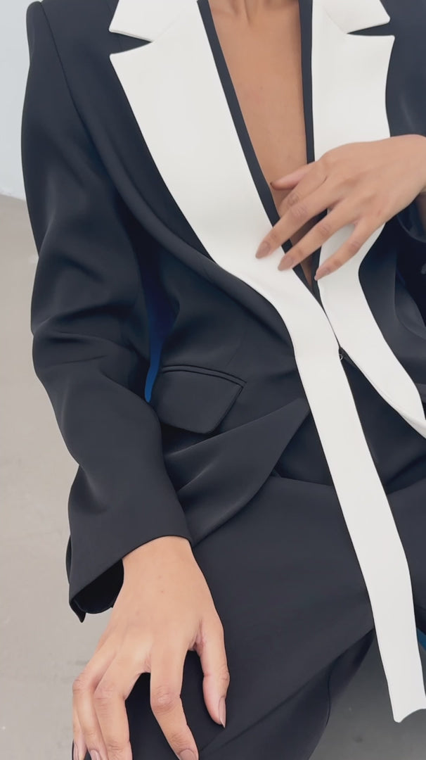 Ensemble Blazer bicolore à revers contrastant – Noir & Écru